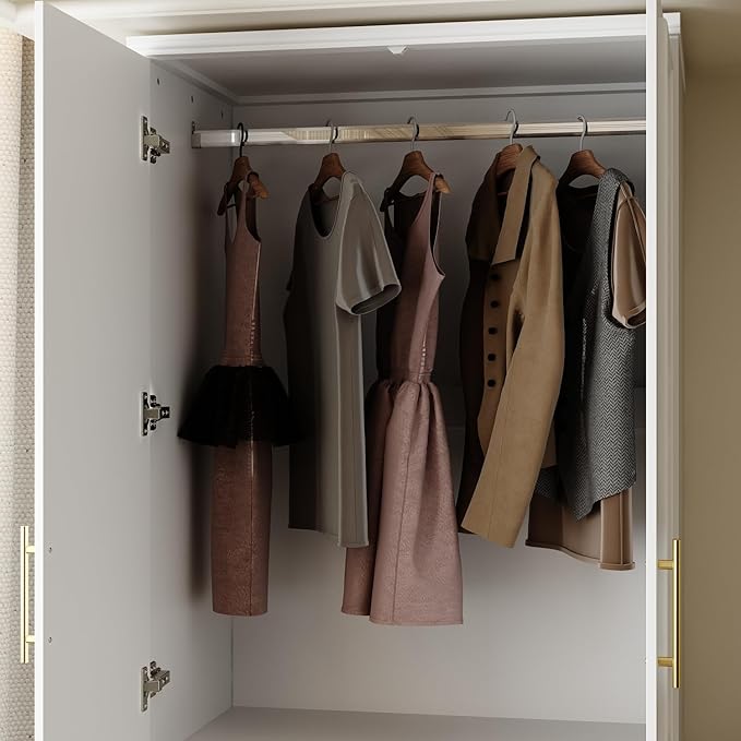FUFU&GAGA Wardrobe Closet with 4 Doors, Modern White Bedroom Armoire with Gold Handles, Modern Clothes Storage Cabinet with Shelves, Hanging Rod for Cloakroom, 31.7”W x 19.3”D x 74.8”H
