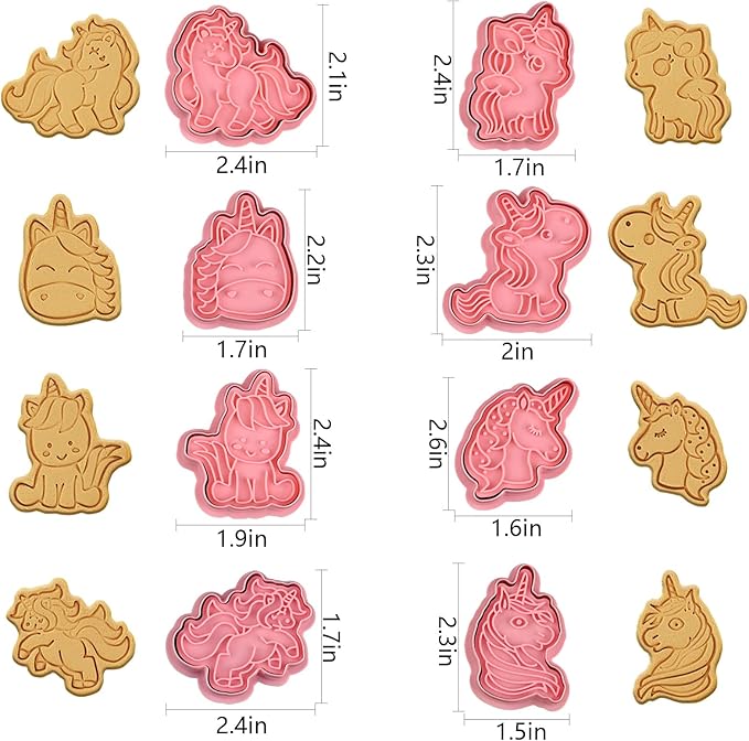 8 Piece Unicorn Cookie Cutter Set With Plunger Stamps - Unicorn Head Embossing Stamps For Biscuit Fondant Cheese Baking