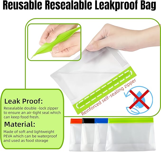 PABCK 10Pcs Reusable Silicone Freezer Bags 5Green+5Orange 6.1x4.3+1.97 inch | Stand Up Freezer Food Bags Leakproof Resealable Produce Bag for Sandwich Smell Proof Fridge Organization for Lunch Travel