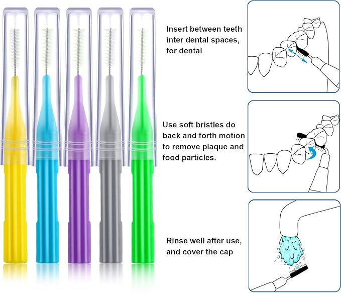 Patelai 100 Count Interdental Brush Set, Soft Braces Cleaner Picks with Cap, Multi Size Teeth Gap Cleaning Tool for Orthodontic Care Bridge Implant Travel Kit(Light Blue, Yellow, Gray, Purple, Green)