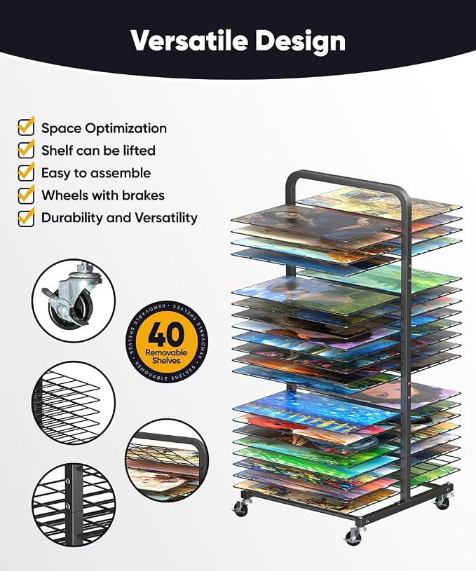 mocomax Art Drying Rack for Painting, Metal Paint Drying Stand, Movable Paint Drying Rack with Lockable Wheels, Art Canvas Storage Rack for Classrooms & Art Studios, 40 Removable Shelves, Black