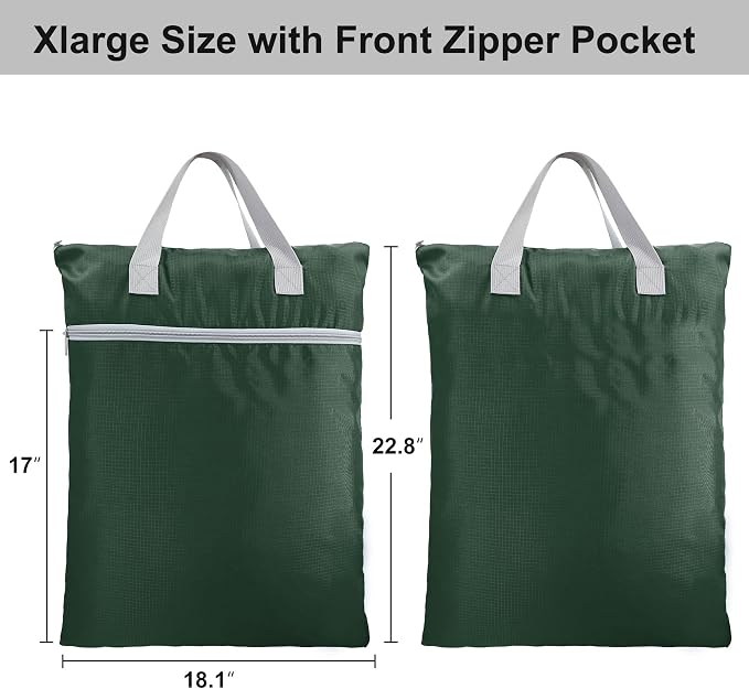 BeeGreen Dark Green Travel Laundry Bag with Srap & Zipper Pockets Hanging Laundry Hamper Heavy Duty Collapsible for Dirty Clothes College Dorm Gym Beach Pool Swimsuit