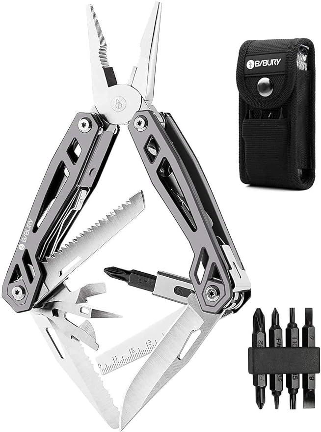 BIBURY Multitool with Pocket Knife, 21-in-1 Stainless Steel Pliers with Screwdriver, Safety Locking Multi tools with EDC Knife for Survival, Camping, Fishing, Repair, Birthday Gifts for Men Women