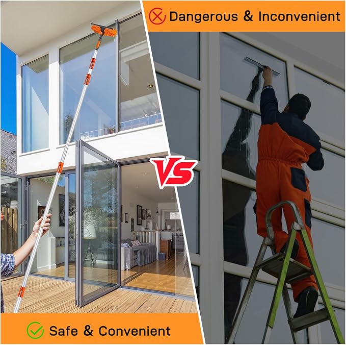 4-24 Ft High Reach Window Washing Kit with Extension Pole, Window Squeegee & Microfiber Scrubber, Ceiling Fan Duster & Feather Duster for High Ceiling, Furniture & Home Cleaning