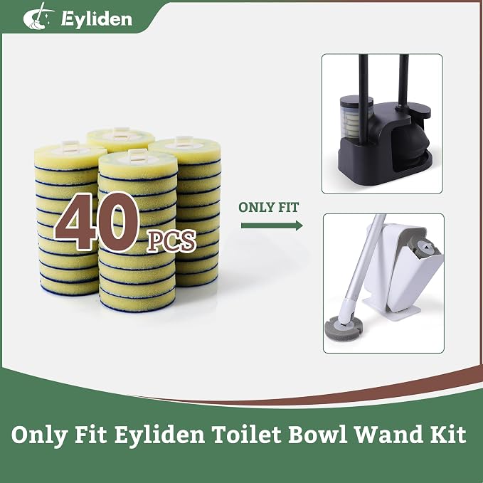 40 Count Pre-Soaked Refills Sponge, Dedicated for Eyliden Toilet Bowl Wand | Built-in Cleaner, No Extra Needed, Quick Change, Disposable Replacement Brush Heads for Bathroom Cleaning, Yellow
