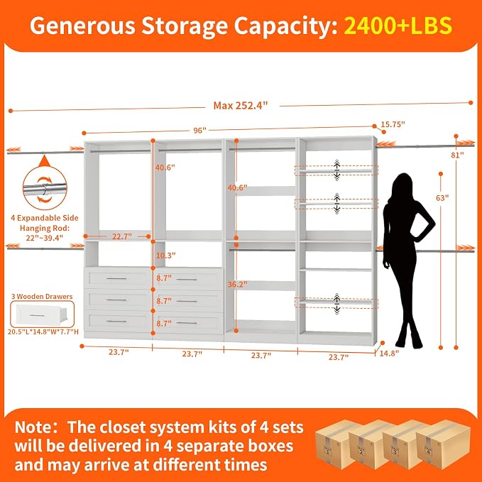 Closet System Set of 4, 8-21FT Closet System with 6 Drawers, 8 Shelves & 8 Hanging Rods, Custom Walk in Closet Organizer System Adjustable, Max 252“ Modular Closet Storage System Wood, White
