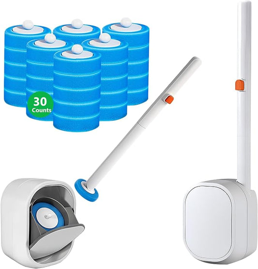 Disposable Toilet Brush with Holder, Wall Mounted Toilet Wand Cleaning System with 30 Refills, Auto-Lid Touch-Free Toilet Bowl Brush Kit for Bathroom Cleaning