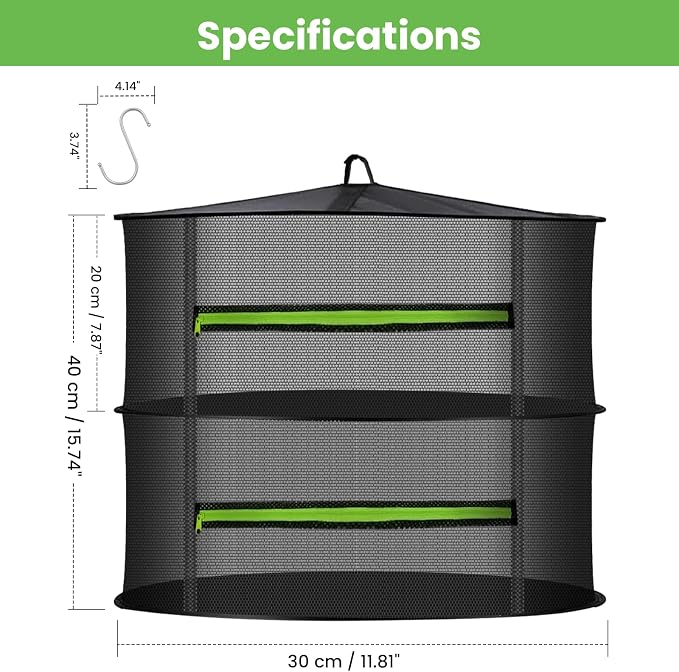 MEKOLIFE 2-Layer Hanging Herb Drying Rack, Small Mesh Net | 11.81 Inch Mesh Drying Rack with Zipper and Hooks, Indoor Outdoor for Herbs, Fruits, Seafood, Camping Food, Socks, Underwear