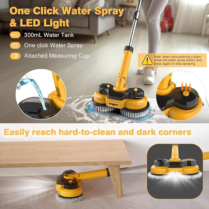 Cordless Electric Mop for Dewalt 20V Battery (NO Battery), 2 in 1 Spin Mop & Electric Floor Scrubber Machine with LED Light & Water Spray, 800 RPM Rotating Electric Mops for Floor