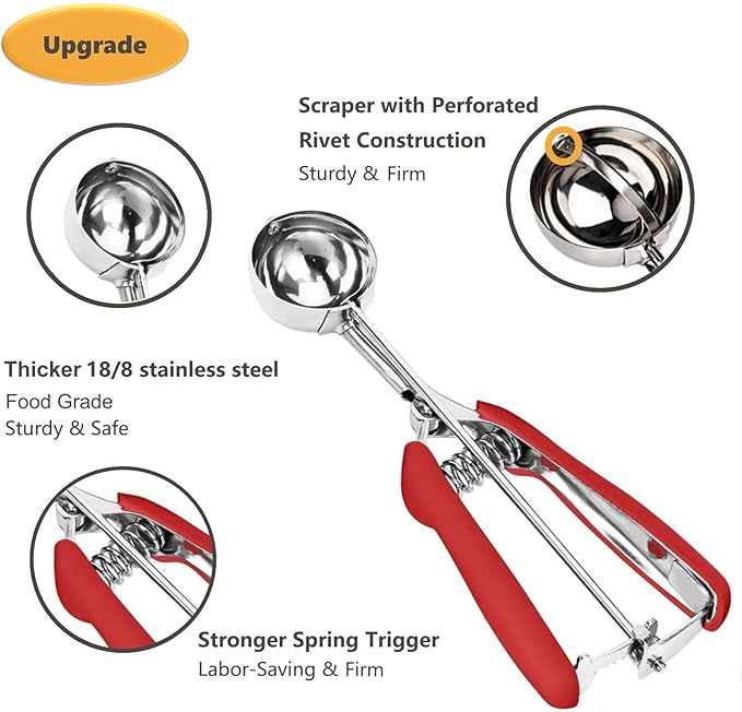 Cookie Scoop, Ice Cream Scoop, 2Tsp/10ml/0.34oz Cookie Scoops for Baking, 18/8 Stainless Steel Cookie Scooper for Baking, Mini Cupcake Scoop, Cookie Dough Scoop with Non-slip Grip (Red)