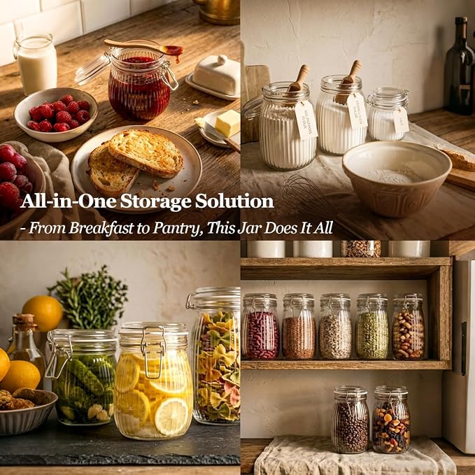 ComSaf Large Ribbed Glass Jars with Airtight Lids 51 oz 3 Pack Wide Mouth | Flour sugar coffee beans, Fermenting pickling, Farmhouse pantry decor, Countertop decor, Large capacity, Vintage Canisters