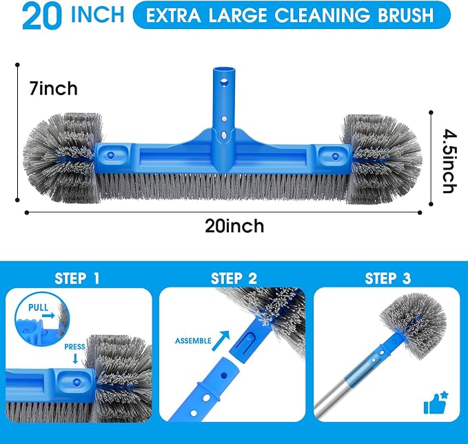 TidyMister Pool Brush for Cleaning Pool Walls, 20'' Pool Brush Head with Detachable Side Brush Nylon Bristles Pool Scrub Brush for Above Ground Pools Ingound Pools, Safe for Vinyl Liner