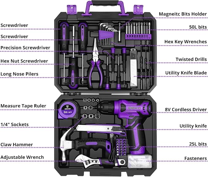 DEKOPRO Tool Set: Tool Kit with 8V Cordless Drill, Hand Toolbox with storage case, Tool set for Home Repairs 126 Piece, Purple