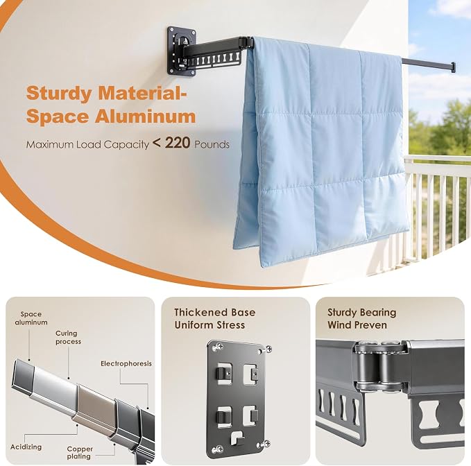 Wall Mounted Clothes Drying Rack Foldable & Space-Saving with 4 Hangers | Windproof Aluminum Laundry Drying Rack Clothing, Retractable Drying Racks for Laundry Room Balcony Bathroom, Indoor/Outdoor