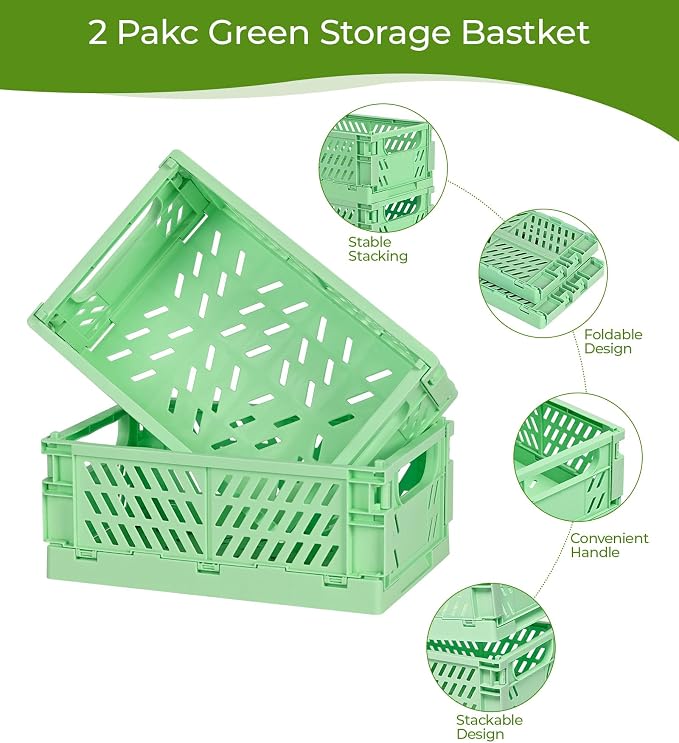 HUUSMOT 2-Pack Collapsible Plastic Storage Baskets, Green, 9.8"x6.5"x3.8" | Pastel, Space-Saving, Collapsible Plastic Bins, Cute Mini Storage Crates, for Classroom, Kitchen, Office, Bedroom