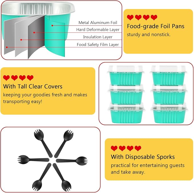 LNYZQUS Mini Cake Pans with Lids and Spoons,10oz Disposable Small Foil Baking Tins,40 Pack Individual Cake Containers for Home Bakers Bake Sales-Cyan Blue,4x4 Square