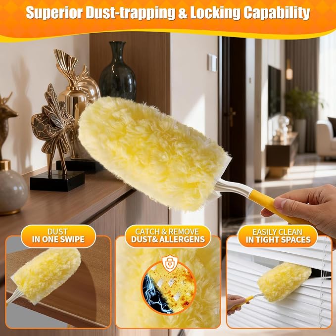 30 Count 360° Heavy Duty Duster Refills, Compatible with Swiffer Duster, Includes 1 Short Handle & 1 3 ft Extendable Handle, 4X Microfiber Cleaning Dusters, Disposable Unscented