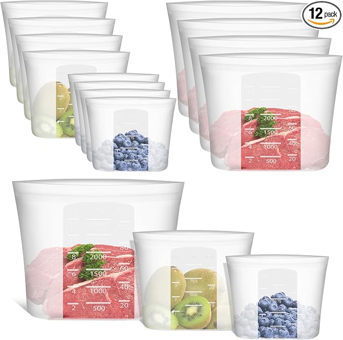 100% Silicone Reusable Storage Bag, 12 Pack Stand-Up Wide-Mouth Zip-Lock Food Storage Bags, Easy-Fill Easy-Open Easy-Clean Space-Saving, Microwave & Dishwasher Safe, Gallon/Sandwich/Snack, Translucent