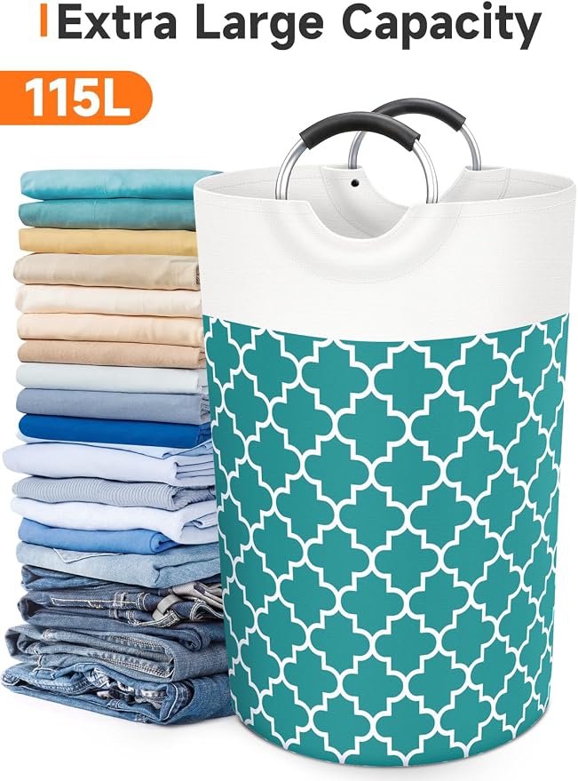Large Laundry Basket, 115L Tall Collapsible Hamper with Handles, Green | Freestanding Laundry Hamper, Waterproof Dirty Clothes Storage Bag for College, Bathroom, Foldable Washing Bin for Travel
