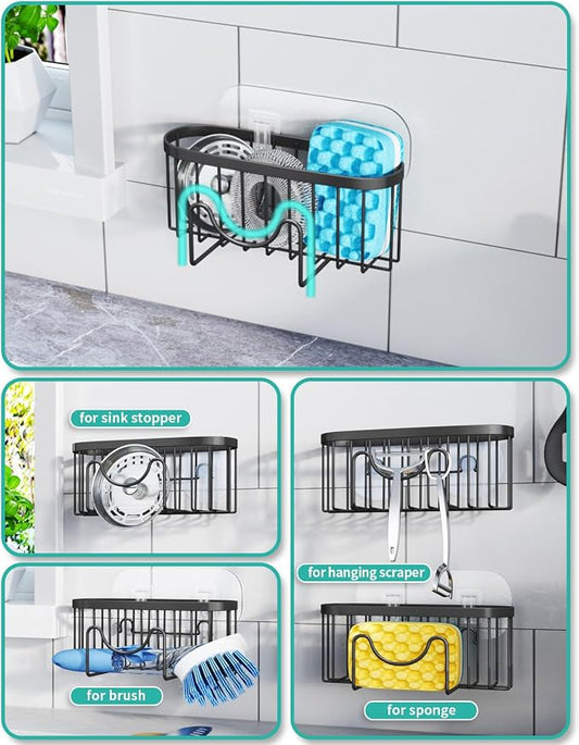 HapiRm Kitchen Sponge Holder for Sink - 2 Installation Methods Kitchen Sink Caddy Organizer with Unique M-Shaped, Rustproof Stainless Steel Sponge Caddy - Black（Large）