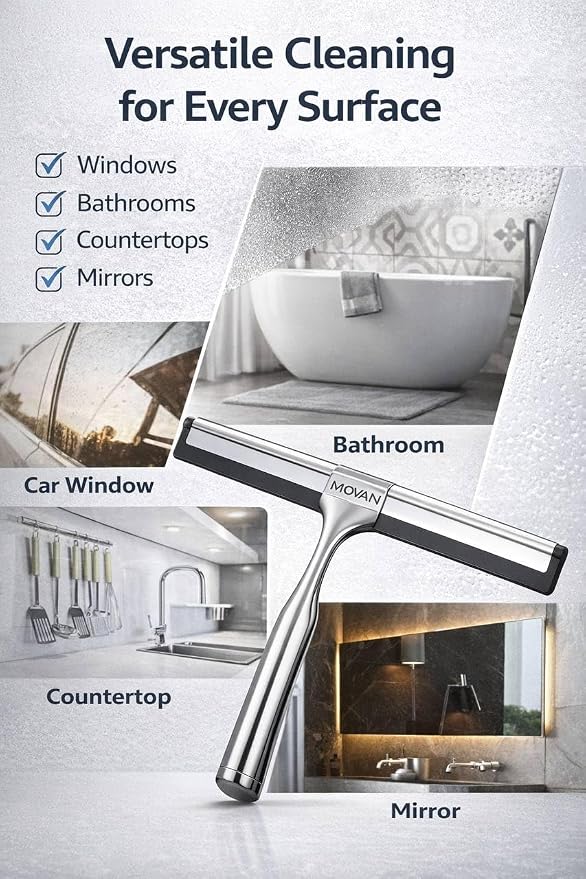 MOVAN Shower Squeegee for Glass Doors with Replacement Silicone Blade – 304 Stainless Steel Frame, 10 Inch, Streak-Free Bathroom Window Wiper with Adhesive Hook, Black