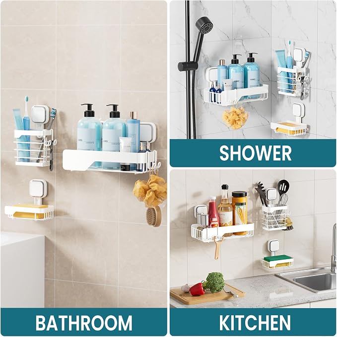 TAILI Shower Caddy Suction Cup Stainless Steel Rustproof Shower Shelves, No Drilling Wall Mounted Basket, Upgraded Removable Suction Cup Bathroom,White 3pack