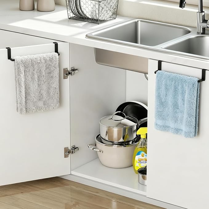 STWWO Over the Door Towel Rack, Kitchen Towel Holder Over Cabinet Door Towel Bar Stainless Steel for Cupboard for Kitchen Dish Towel Holder Hanger Rv Towel Rack, 2 Pack (Black)