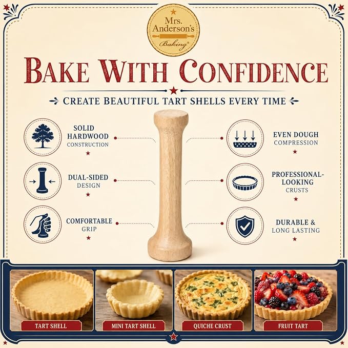 Mrs. Anderson’s Baking Dual-Sided Pastry Dough Tart Tamper, Hardwood, 6-Inches
