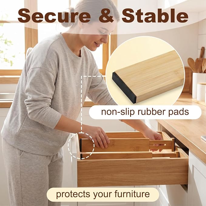 Joyeee Kitchen Drawer Dividers 8 Pack, 17-22" Adjustable Bamboo Drawer Organizer, 2.36" High Expandable Utensils Separators for Closet, Dresser, Bathroom, Bedroom