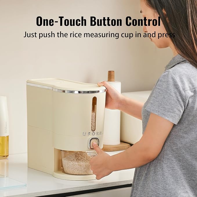 UFORU Rice Dispenser, Rice Storage Container with Measuring Cup for Kitchen Pantry Household, Dry Food Storage Containers Airtight, Sealed Moisture Proof, Cream White 13 Lbs