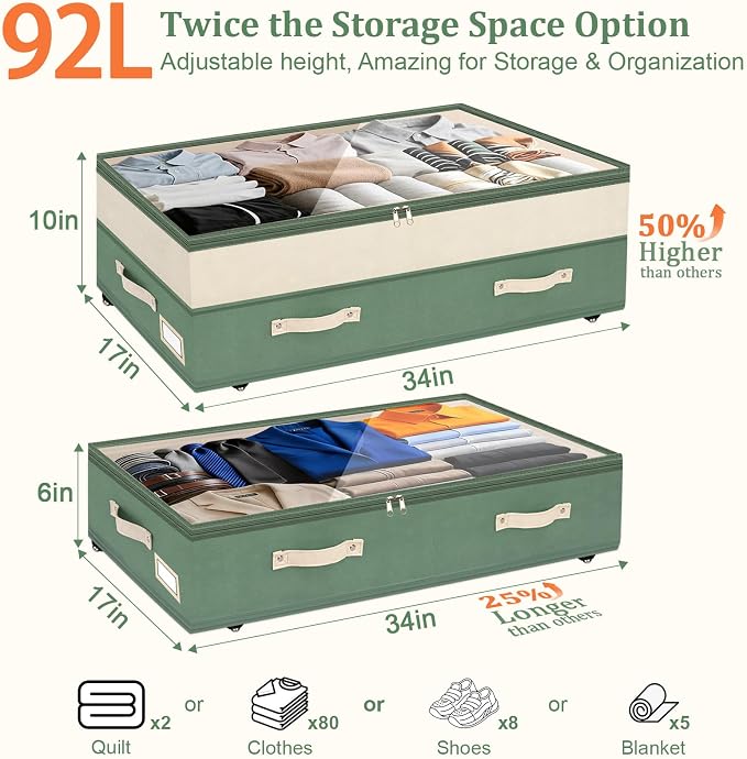 Dolicer 4 Pack Under Bed Storage with Wheels, 6in-10in Height Adjustable Underbed Storage Containers, 92L XXXL Under Bed Drawers Rolling Bin with Clear Lids for Dorm Shoes Clothes Organizers(Green)