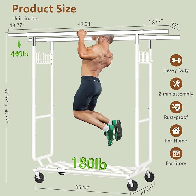 Hoctieon 2-Minute Assembly Double Rod Clothes Rack, Heavy Duty Rolling Clothing Racks with Wheels, Foldable Commercial Garment Rack, Extendable Hanging Bar, Adjustable Metal Pole with Hooks, White