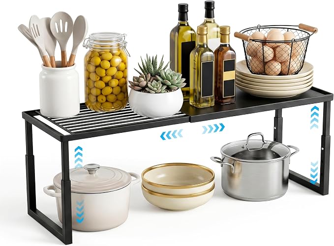 Expandable Cabinet Shelf Organizer, Stackable Kitchen Countertop Storage Shelves, Heavy Duty Adjustable Pantry Organizer Rack for Cabinet, Cupboard, Under Sink & Spice Storage