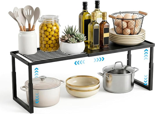 Expandable Cabinet Shelf Organizer, Stackable Kitchen Countertop Storage Shelves, Heavy Duty Adjustable Pantry Organizer Rack for Cabinet, Cupboard, Under Sink & Spice Storage
