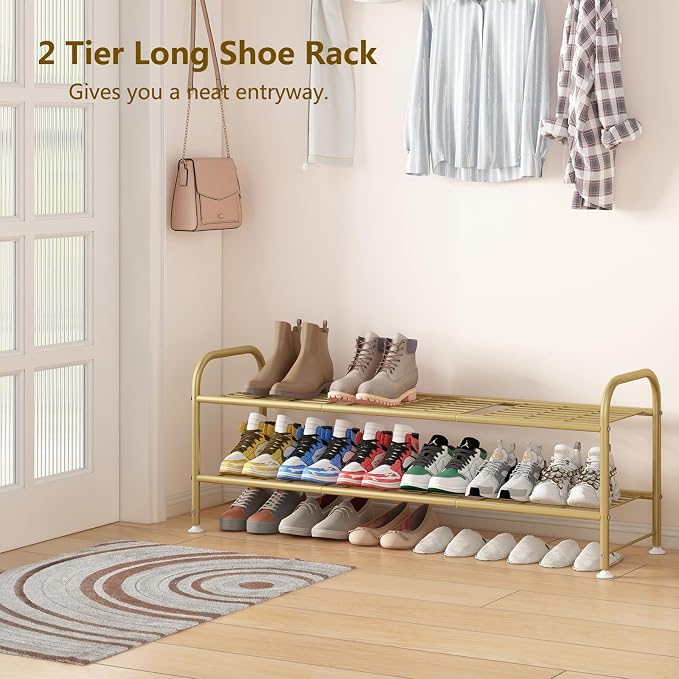 LINZINAR 2 Tier Long Shoe Rack for Closet Metal Shoe Organizer for Entryway | Spacious design stores 15+ pairs of shoes,durable metal frame,space-saving organizer for closet, hallway, and Entryway Gold