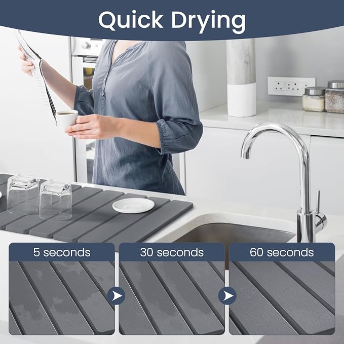 Meowoo Stone Drying Mat for Kitchen Counter, 15.7"x11.8" Foldable Diatomaceous Earth Mat, Super Absorbent, Quick-Dry Bath & Kitchen Pad for Dishes, Cups, Non-Slip, Fits Any Countertop - Dark Gray