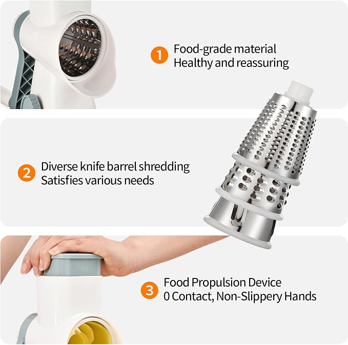 Rotary Cheese Grater Manual Hand Crank 3-in-1 Vegetable Shredder | Finger-safe design, stainless steel drums, suction base. Perfect for cheese, vegetables, nuts & chocolate. Easy to clean