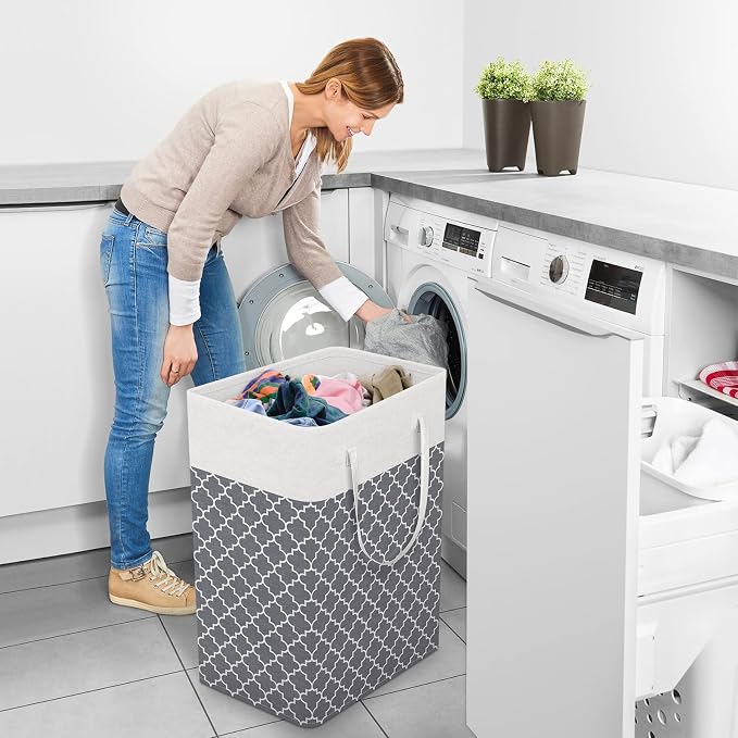 StorageRight Laundry Basket Hamper, 75L Clothes Storage, Clover Grey | Freestanding Clothes Hampers, Foldable design, with Easy Carry Handles, For Laundry, Bedroom, Dorm, Clothing, Towels, Toys