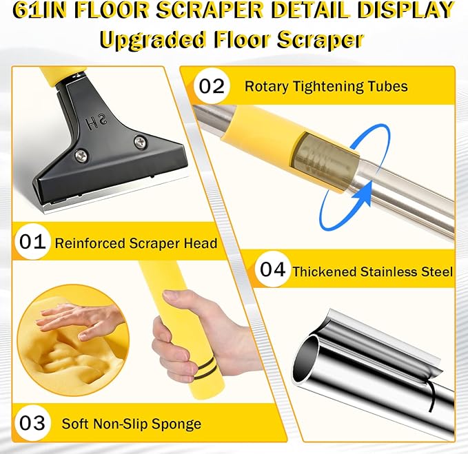 Floor Scraper Heavy Duty Long Handle,61in 4"Razor Blade Floor Scraper Adjustable with 10PCS Extra Metal Blades Paint Scraper for Cleaning Stickers Gum Glass Wall Tile Linoleum Stove Top