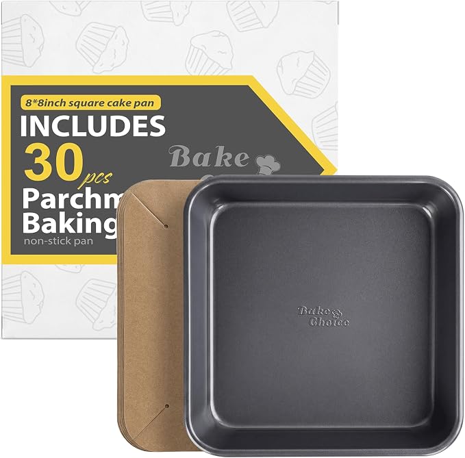 Bake Choice 8 x 8 Inch Square Brownie Cake Pan With 30 Pre-Cut Parchment Liners, Carbon Steel Non-Stick Baking Pan for Baking Toast Cakes Banana Breads, Homemade Dessert Bakeware