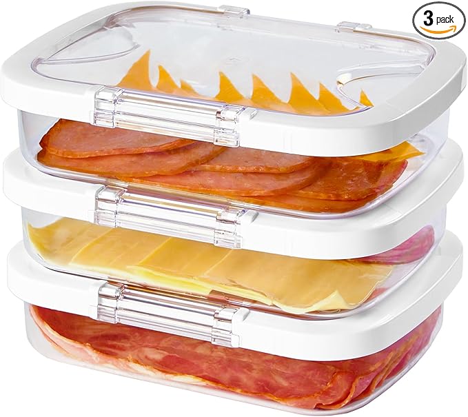 Felli Duo Loc Deli Meat Containers for Fridge with Airtight Lids, Stackable Refrigerator Organizer for Lunch Meat Storage Sandwich Ham Cheese Salami Sliced Turkey, Clear Tritan Box (Cold Cuts 3pk)