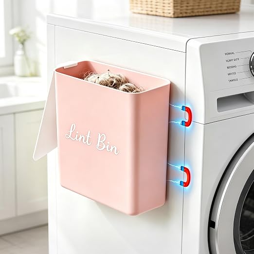 Magnetic Lint Bin with Lid for Laundry Room, Compact Plastic Dryer Lint Holder, Small Laundry Trash Container for Dryer Lint & Used Dryer Sheets, Space Saving Storage Decor Organizer (Pink)