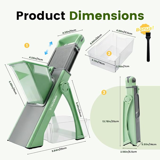 4-in-1 Safe Mandoline Slicer & Vegetable Chopper with 0.1-8mm Adjustable Thickness, Dicer, Julienne & French Fry Cutter Functions, Foldable Kitchen Gadget with Container (Green)