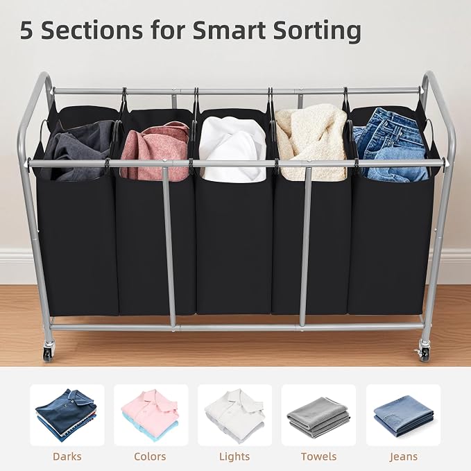 STORAGE MANIAC 5 Section Laundry Sorter, 5 Bins Rolling Separator Laundry Basket, Dirty Clothes Hamper Divider with Heavy Duty Lockable Wheels, Large Clothes Organizer Cart, Black