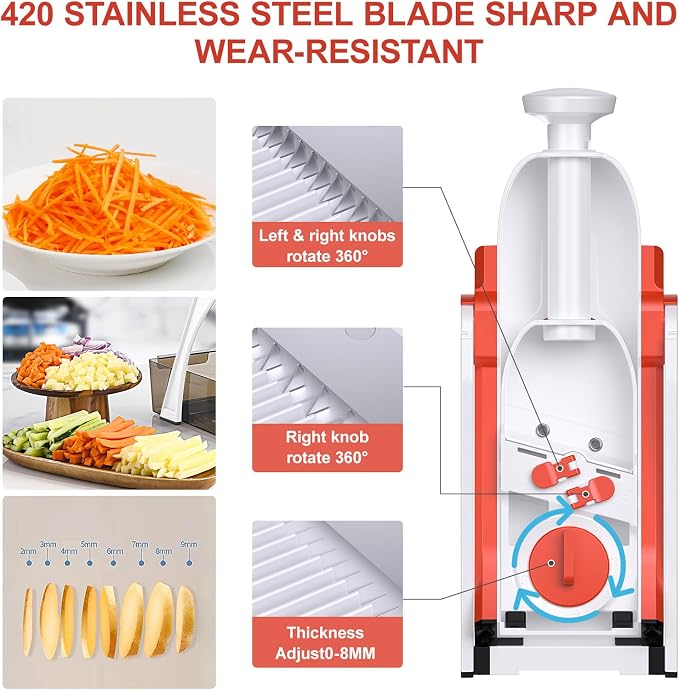 5 in 1 Adjustable Safe Mandoline Slicer for Kitchen with Paring Knife | Safe Mandoline Slicer for Kitchen, Easy to Clean/Storage, Potato Slicing, Strips, Shredding, Dicing, Chop, Cleaning brush