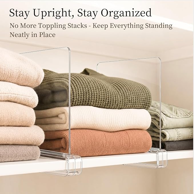 SortNStore Shelf Dividers Purse Organizer for Closet: 6-pack Acrylic Bag Storage Organizer for Handbags, Clutches, Clothes, Sweater, Towel on Wood Shelves