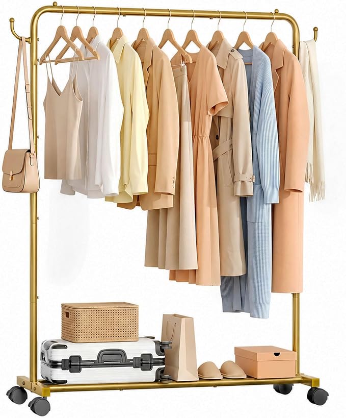 Homde Rolling Clothes Rack with Hooks: Standing Garment Storage for Indoor - Hanging Rod for Bedroom Laundry Room - Coat Dress Organizer on Wheels with luggage shelf (Gold, 46.5")