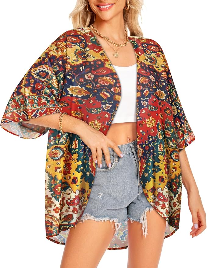 Women Kimono Cardigans Summer Cover Up Hawaiian Shirts Floral Print Tops | ROSEMIA chiffon kimono open front cardigans, beach cover ups, daily casual tops, cruise outfits, summer resort wear