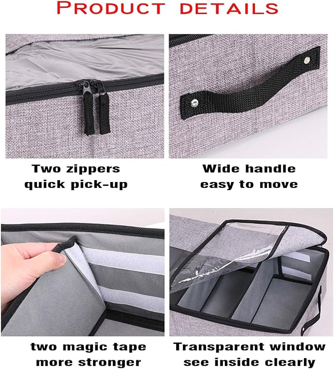 AARAINBOW 2 Packs Foldable Under Bed Shoes Organizer with Lids, Underbed Clothes Storage Container with Divider, UnderBed Storage Bins Box with Clear Window (Gray+Coffee)