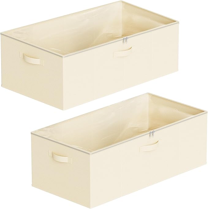 SpaceAid 2 Pack 10" High Under Bed Storage Containers, Large Underbed Storage Organizer Bins with Lids for Bedroom, Dorm, Clothes, Closet Organization, Bed Sheets and Blankets (Beige)